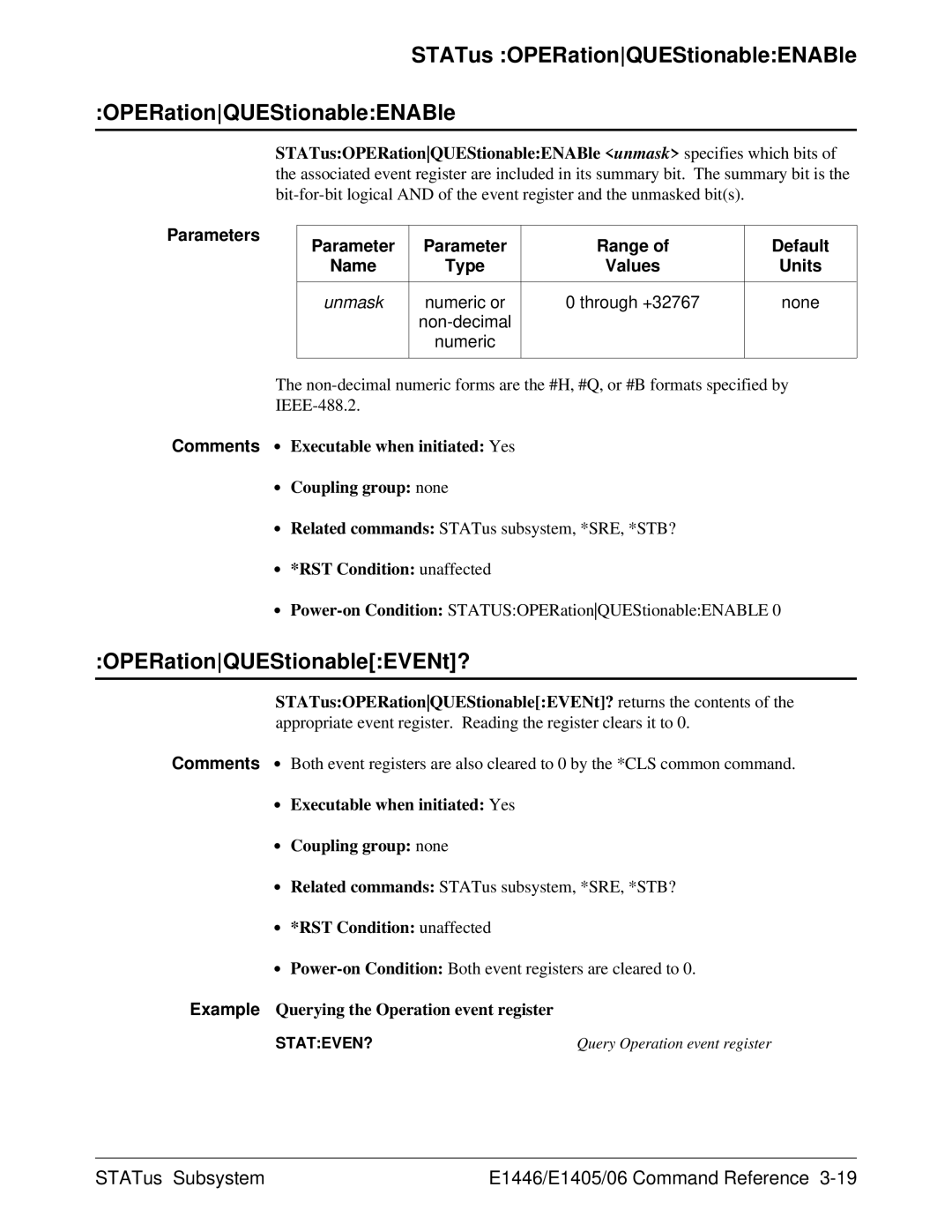 Agilent Technologies E1446A STATus OPERationQUEStionableENABle, STATus Subsystem E1446/E1405/06 Command Reference 