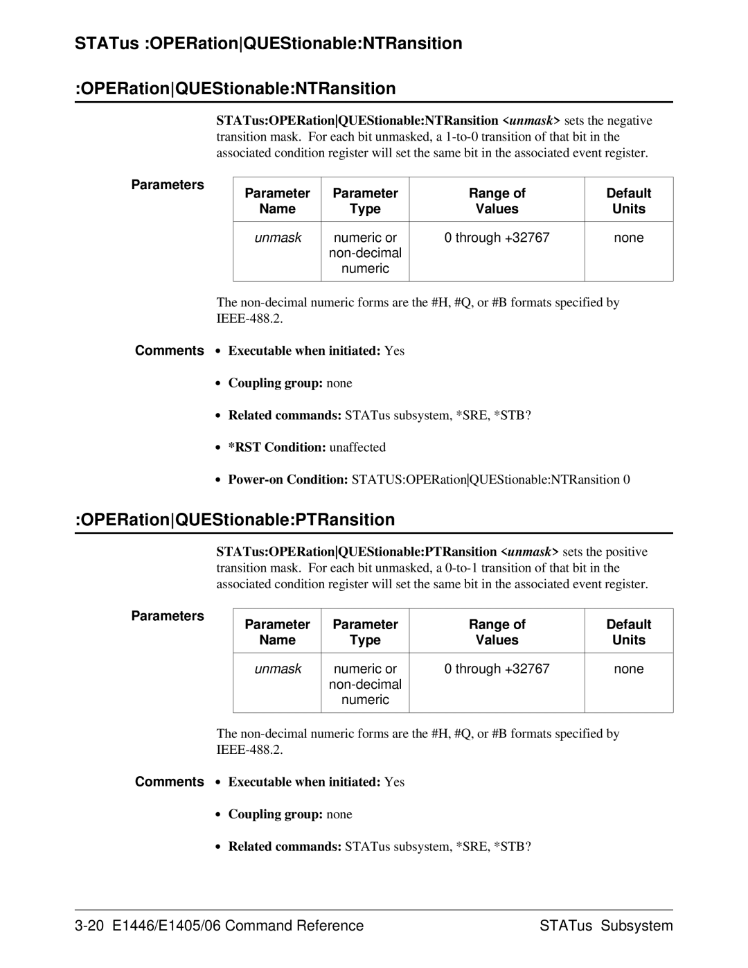 Agilent Technologies E1446A STATus OPERationQUEStionableNTRansition, 20 E1446/E1405/06 Command Reference STATus Subsystem 