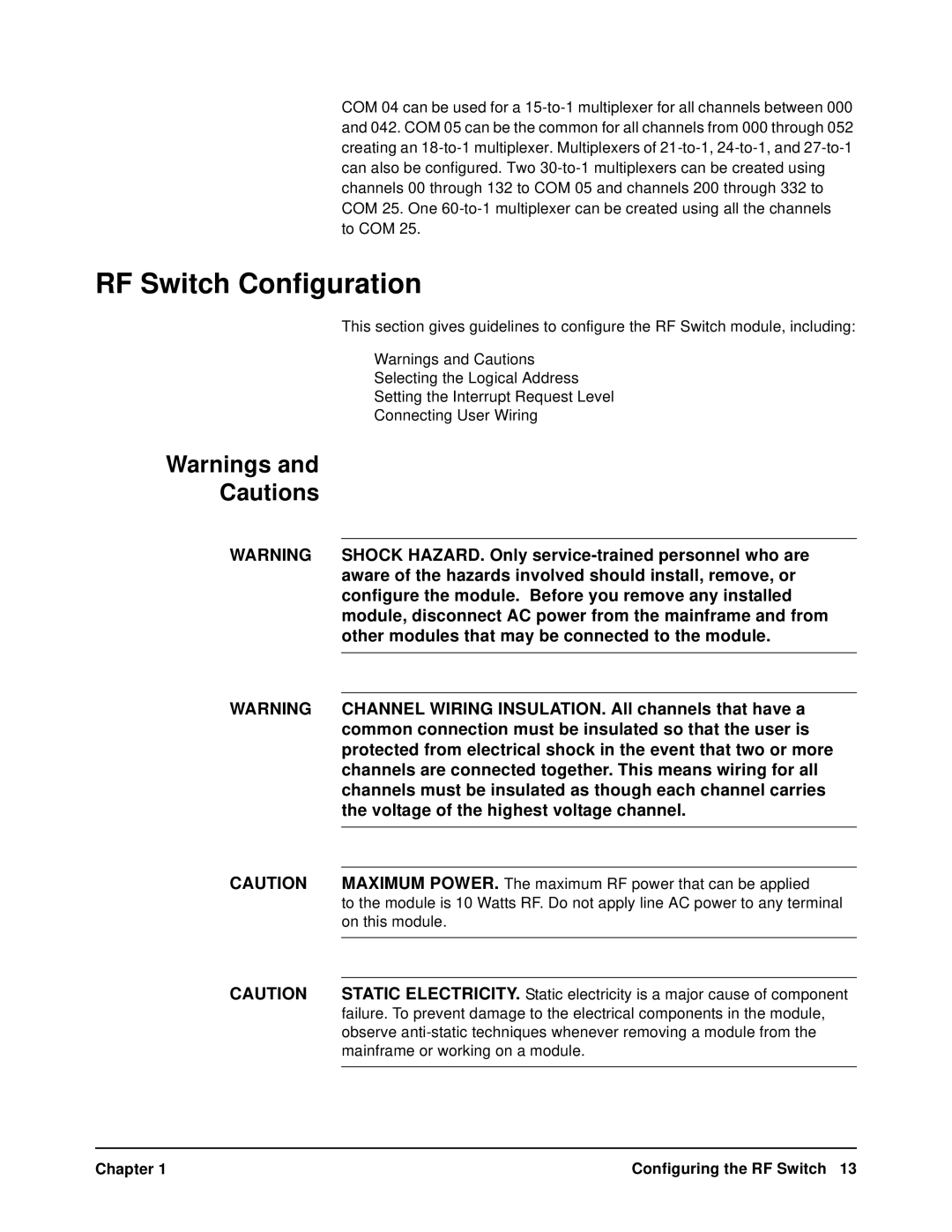 Agilent Technologies E1470A user manual RF Switch Configuration, Maximum POWER. The maximum RF power that can be applied 