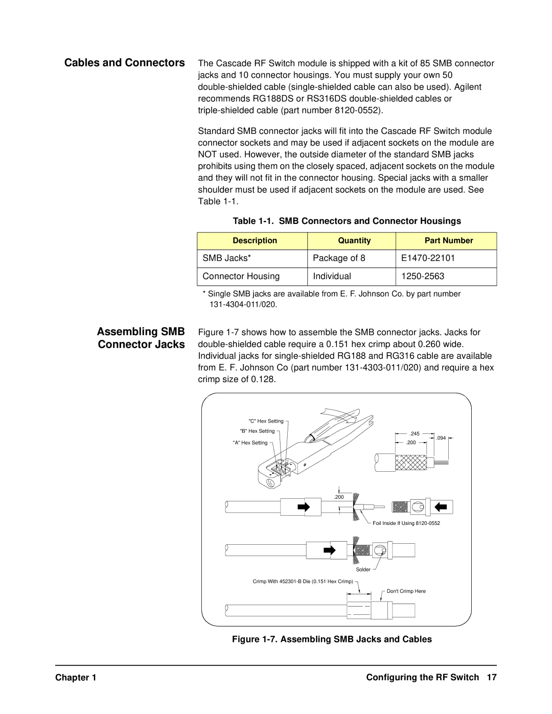 Agilent Technologies E1470A user manual Assembling SMB Connector Jacks, SMB Connectors and Connector Housings 