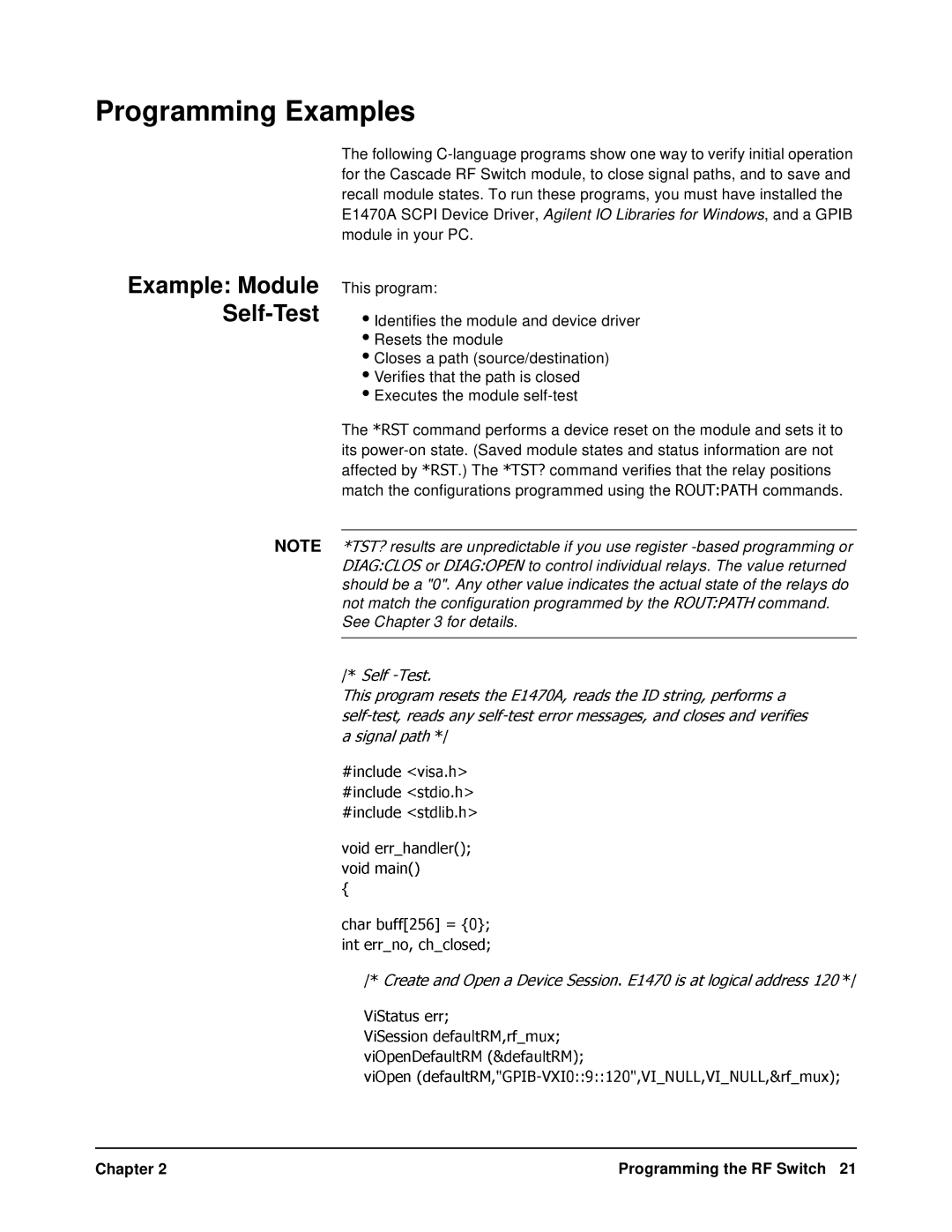 Agilent Technologies E1470A user manual Programming Examples, Chapter Programming the RF Switch 