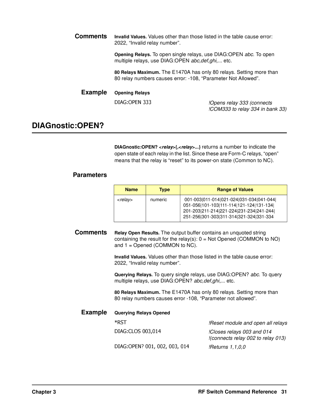 Agilent Technologies E1470A user manual DIAGnosticOPEN?, DIAGOPEN333 