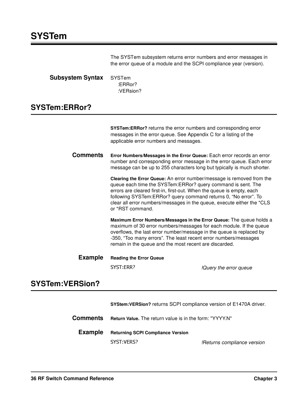 Agilent Technologies E1470A user manual SYSTemERRor?, SYSTemVERSion? 