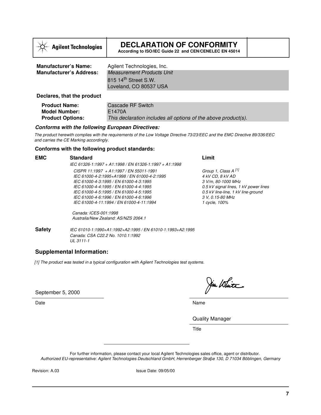 Agilent Technologies E1470A Manufacturer’s Name, Manufacturer’s Address, Declares, that the product Product Name 