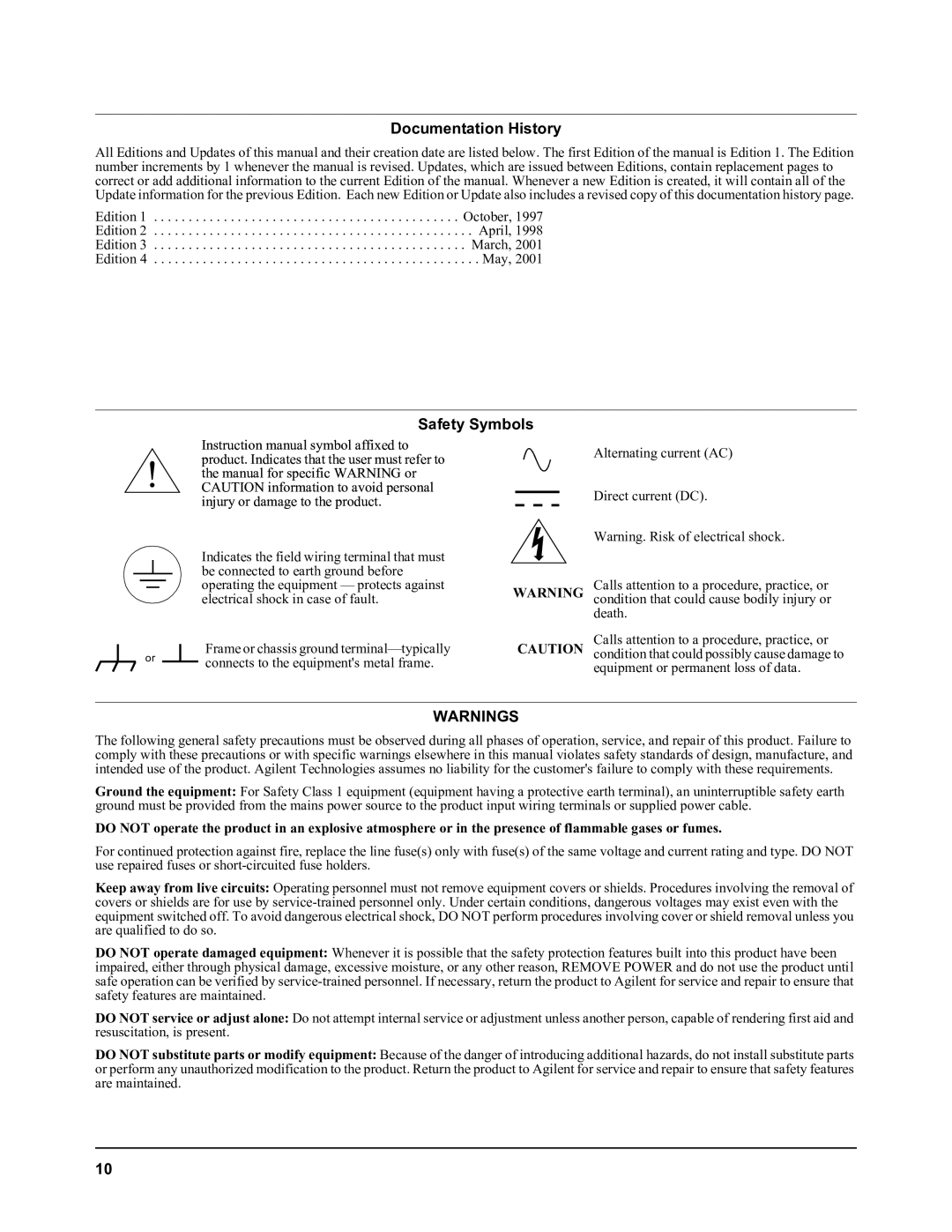 Agilent Technologies E1564A, E1563A user manual Documentation History, Safety Symbols 