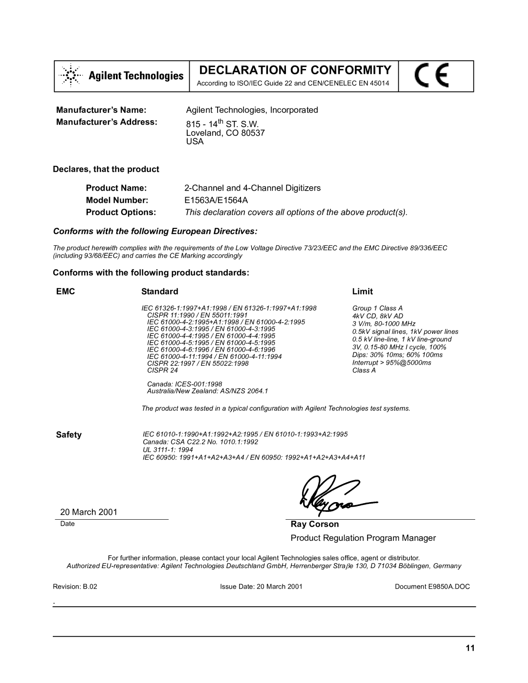 Agilent Technologies Model Number E1563A/E1564A, Conforms with the following product standards EMCStandard, Limit 