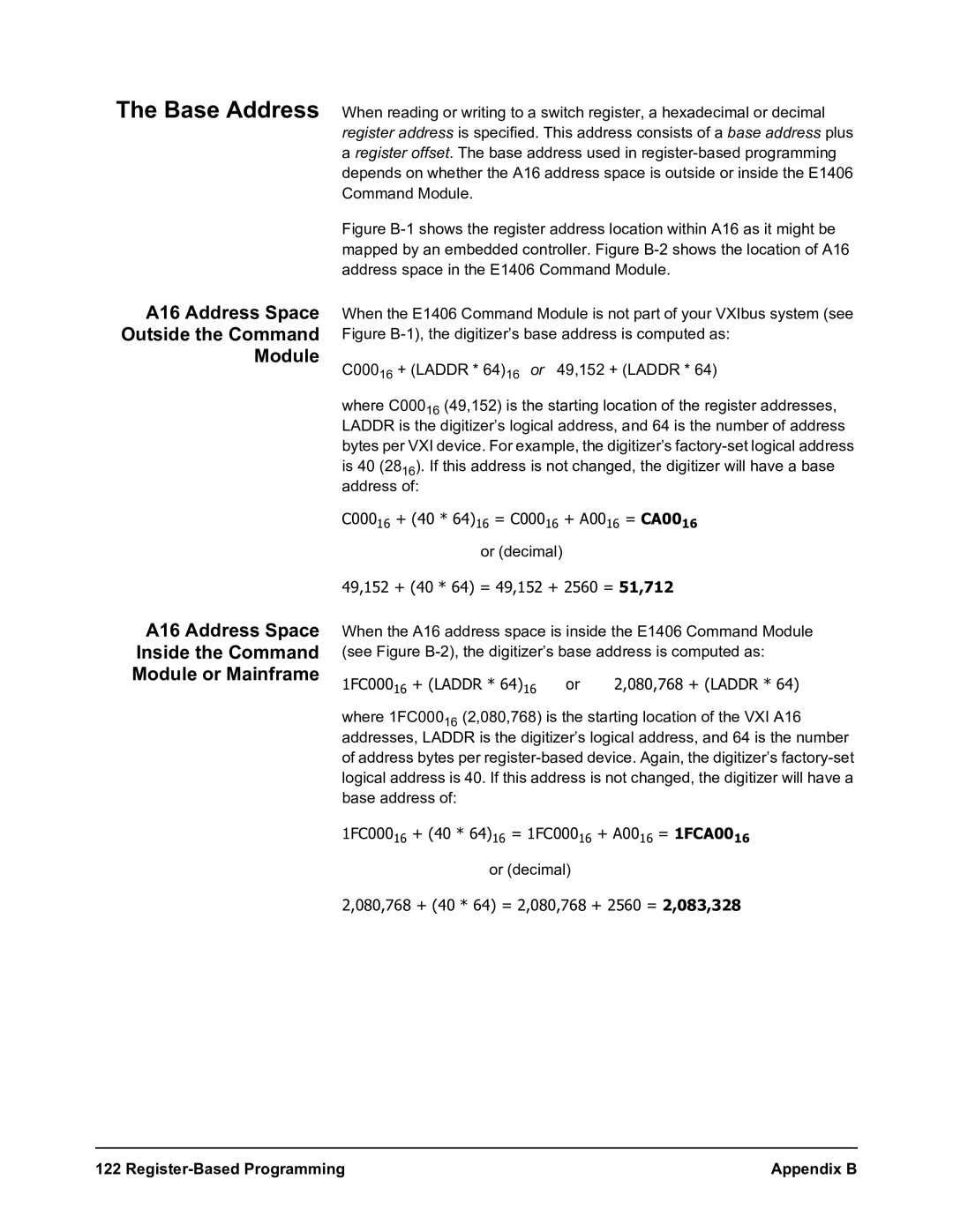 Agilent Technologies E1564A, E1563A user manual Base Address, Register-Based Programming Appendix B 