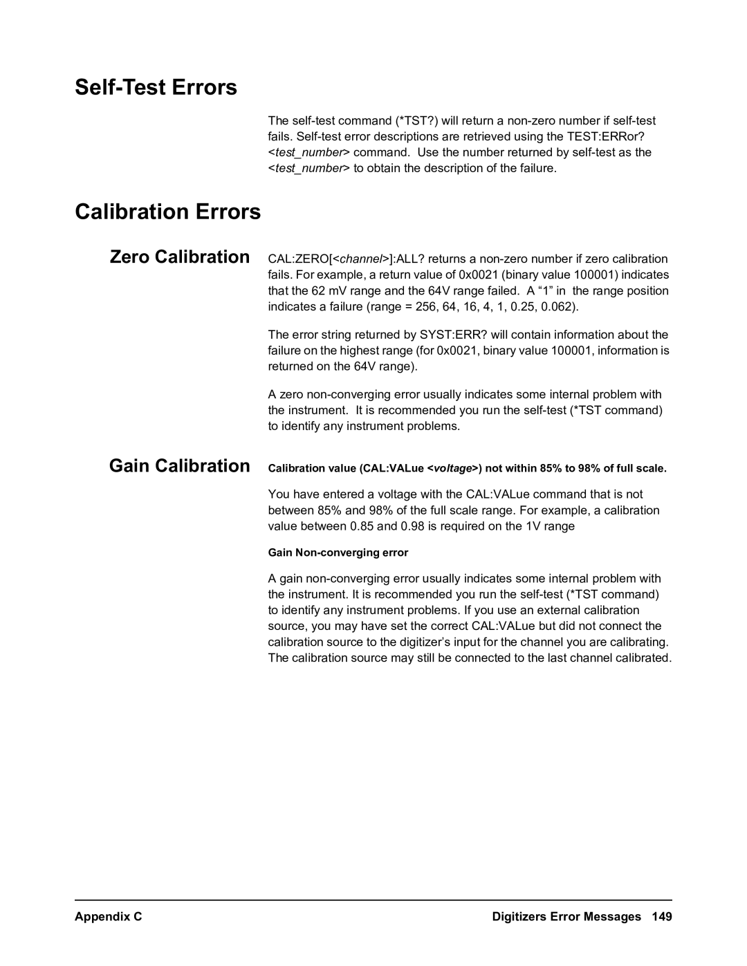 Agilent Technologies E1563A, E1564A user manual Self-Test Errors, Calibration Errors, Zero Calibration Gain Calibration 