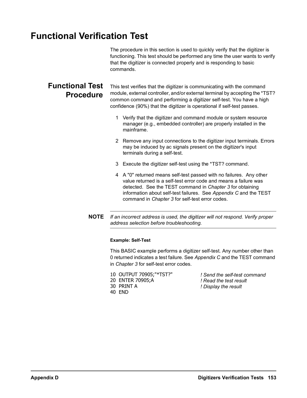 Agilent Technologies E1563A, E1564A user manual Functional Verification Test, Functional Test Procedure, Example Self-Test 