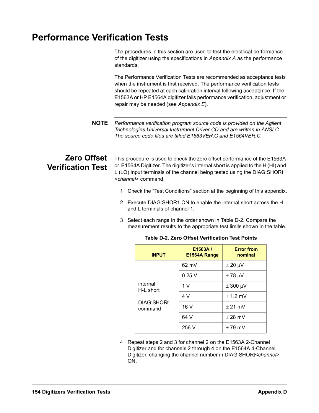 Agilent Technologies E1564A, E1563A user manual Performance Verification Tests, Zero Offset Verification Test 