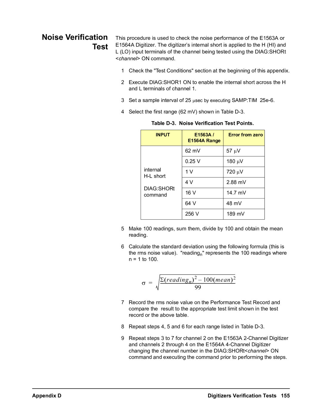 Agilent Technologies user manual Table D-3. Noise Verification Test Points, E1563A Error from zero E1564A Range 