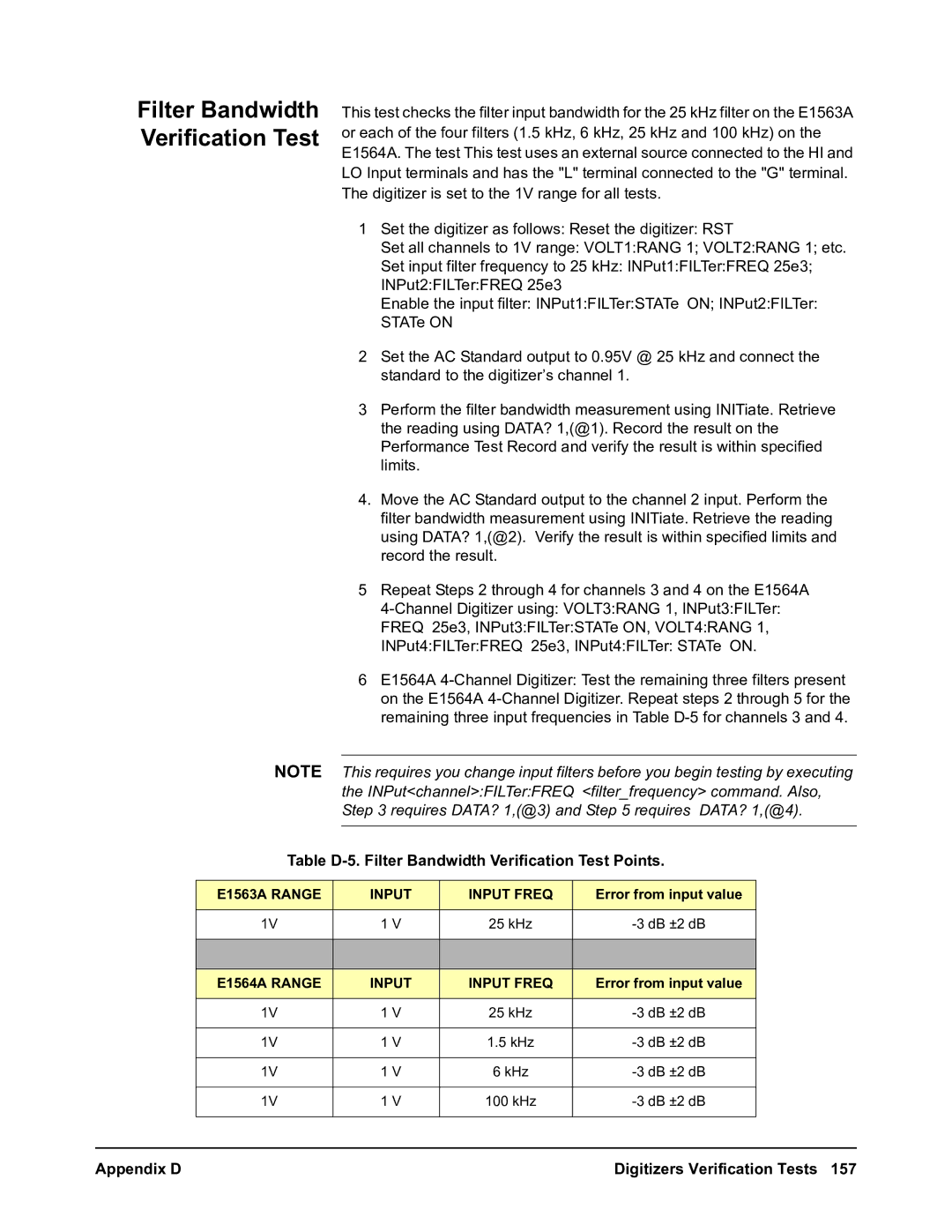 Agilent Technologies E1563A, E1564A Table D-5. Filter Bandwidth Verification Test Points, Error from input value 