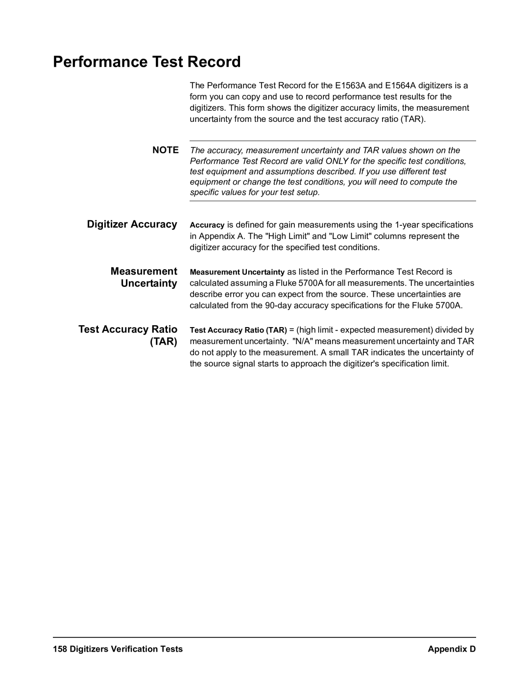 Agilent Technologies E1564A, E1563A user manual Performance Test Record, Measurement Uncertainty, Test Accuracy Ratio TAR 