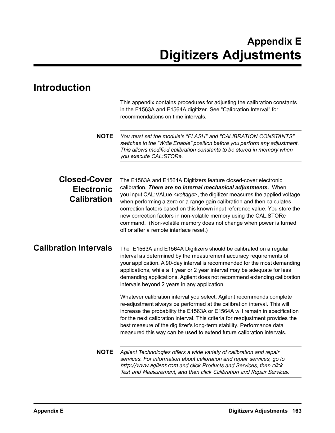 Agilent Technologies E1563A, E1564A user manual Closed-Cover Electronic Calibration, Appendix E Digitizers Adjustments 