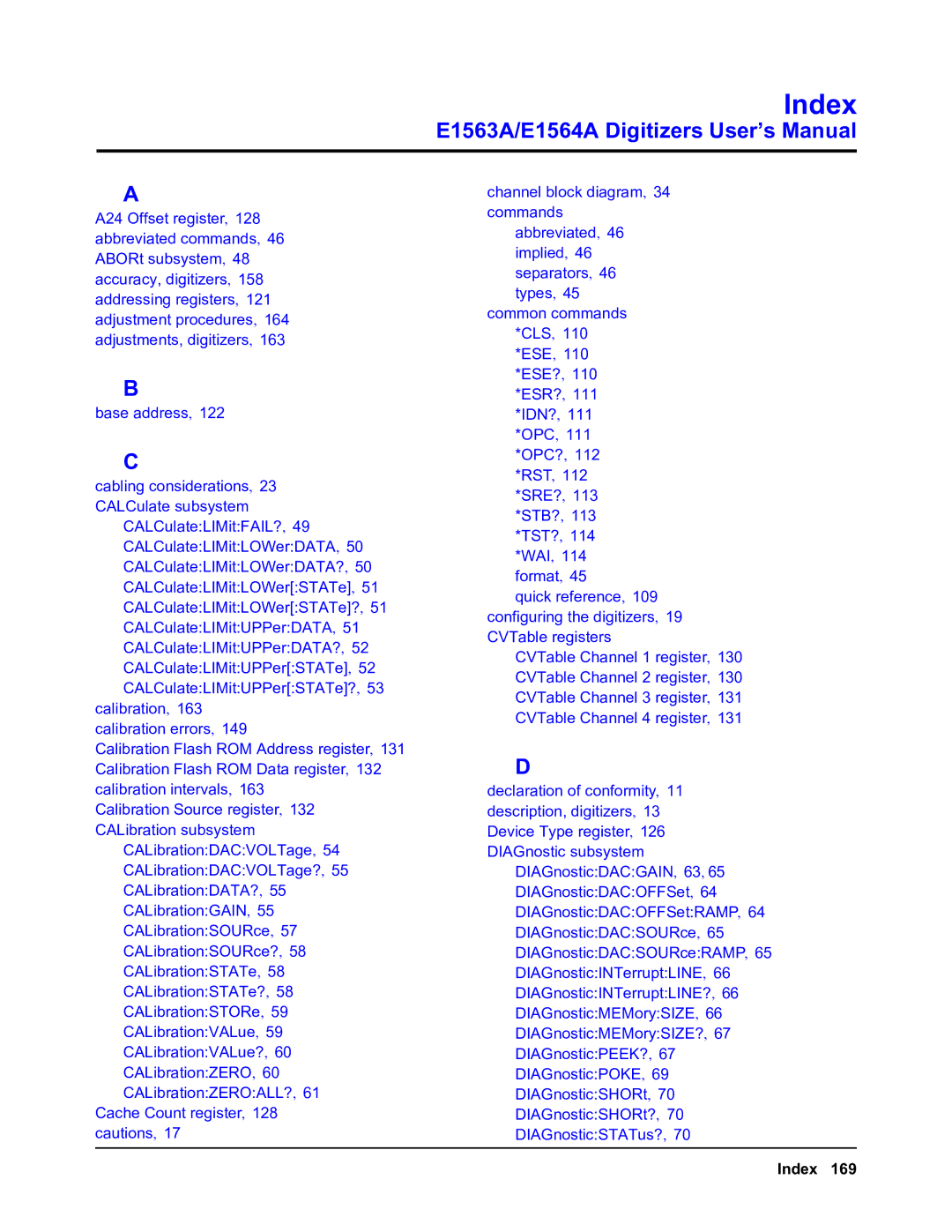 Agilent Technologies E1563A, E1564A user manual Index 