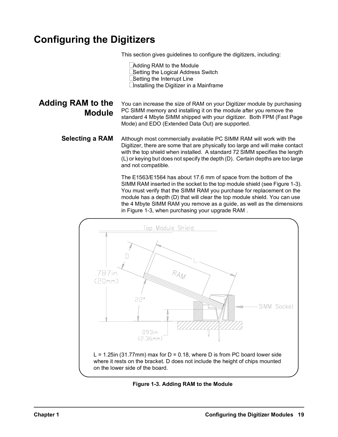 Agilent Technologies E1563A, E1564A user manual Configuring the Digitizers, Adding RAM to the Module 