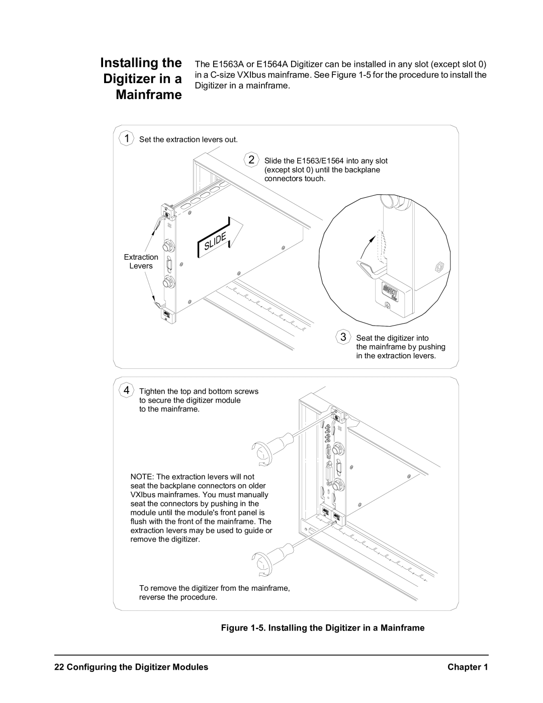 Agilent Technologies E1564A, E1563A user manual Installing Digitizer in a Mainframe 