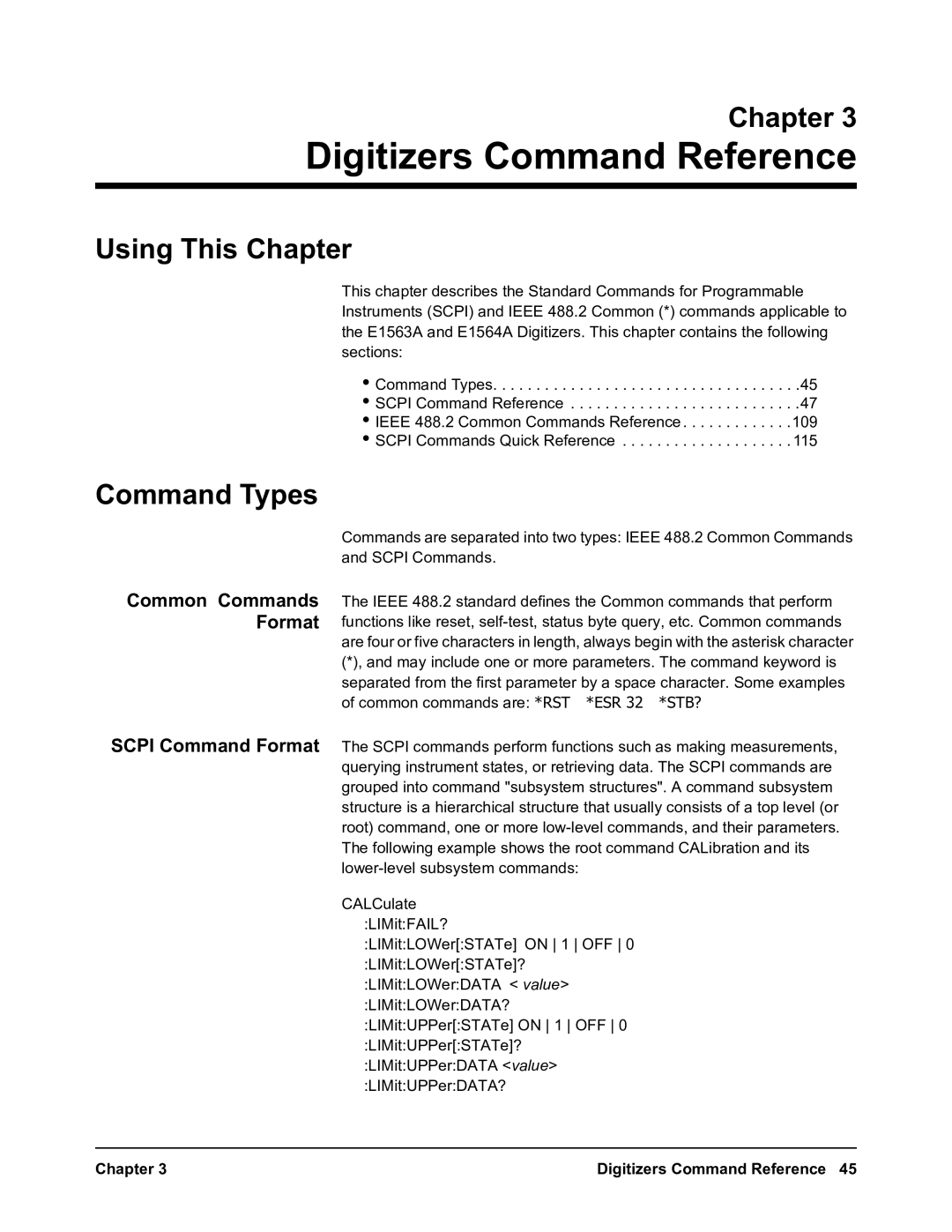 Agilent Technologies E1563A, E1564A user manual Command Types, Common Commands Format, Chapter Digitizers Command Reference 