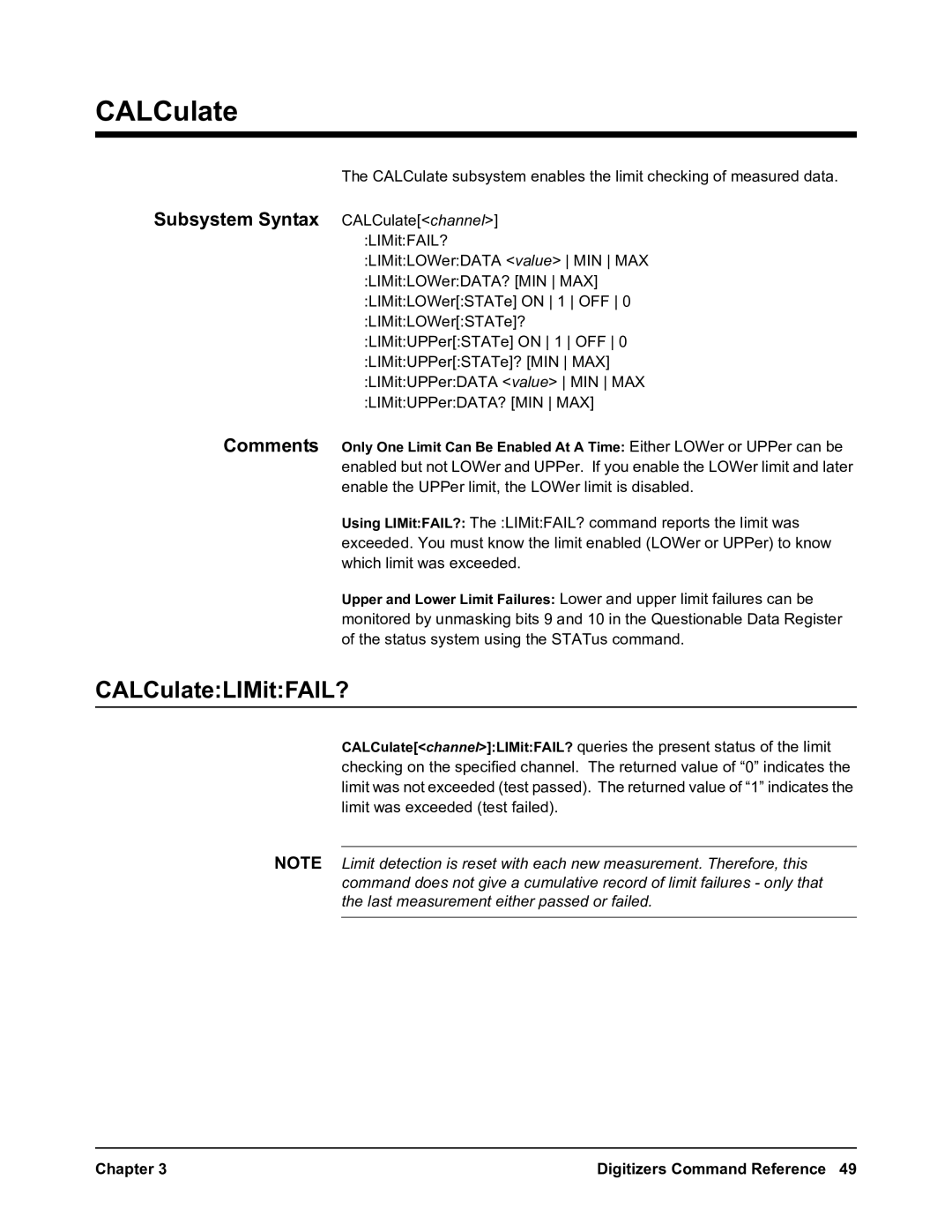 Agilent Technologies E1563A, E1564A user manual CALCulateLIMitFAIL?, Subsystem Syntax CALCulatechannel 