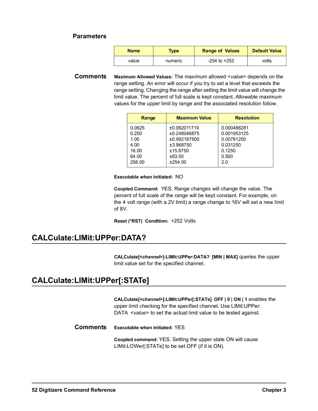 Agilent Technologies E1564A CALCulateLIMitUPPerDATA?, CALCulateLIMitUPPerSTATe, Name Type Range Values Default Value 