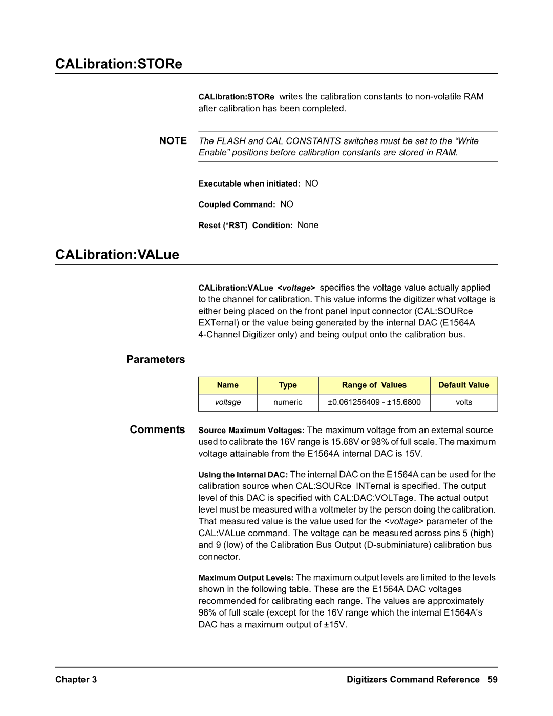 Agilent Technologies E1563A, E1564A user manual CALibrationSTORe, CALibrationVALue, Name Type Range of Values Default Value 