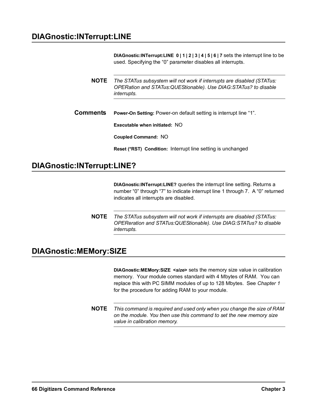 Agilent Technologies E1564A, E1563A user manual DIAGnosticINTerruptLINE?, DIAGnosticMEMorySIZE 