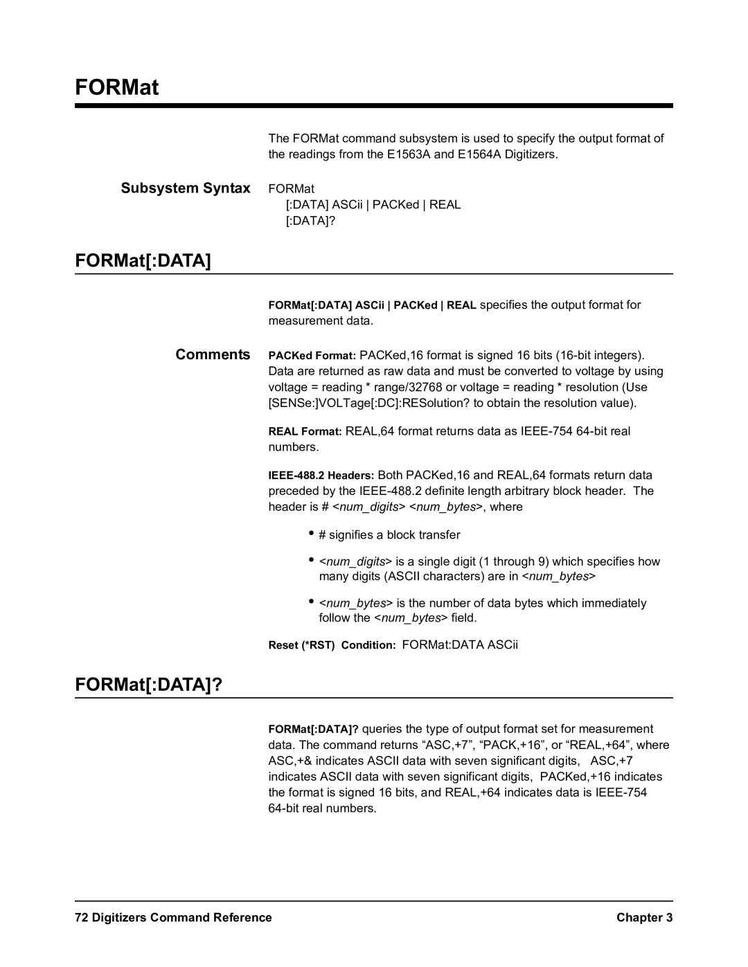 Agilent Technologies E1564A, E1563A FORMatDATA?, Subsystem Syntax FORMat, Reset *RST Condition FORMatDATA ASCii 