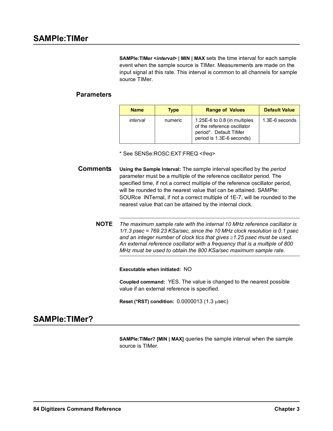 Agilent Technologies E1564A, E1563A user manual SAMPleTIMer?, Reset *RST condition 0.0000013 1.3 msec 