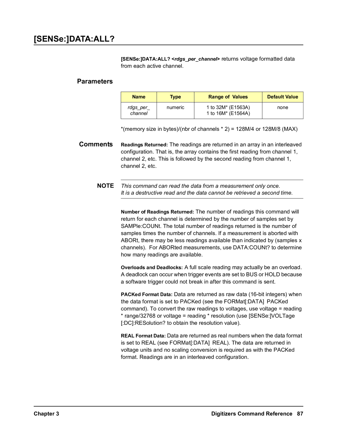 Agilent Technologies E1563A, E1564A user manual SENSeDATAALL?, Parameters Comments 