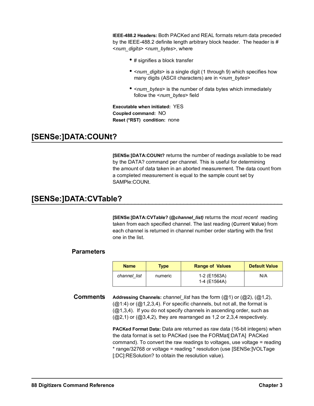 Agilent Technologies E1564A, E1563A user manual SENSeDATACOUNt?, SENSeDATACVTable? 