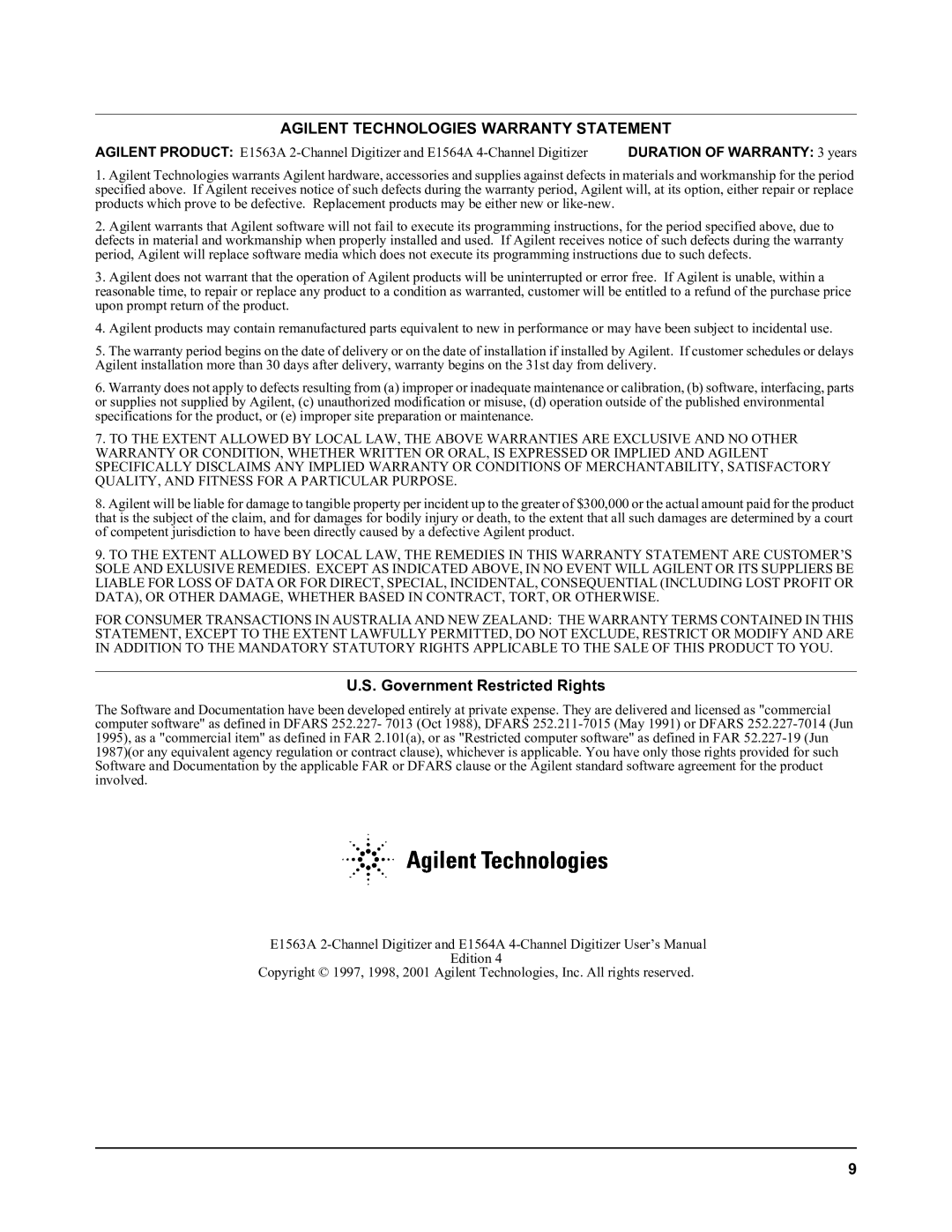 Agilent Technologies E1563A, E1564A user manual Government Restricted Rights, Duration of Warranty 3 years 