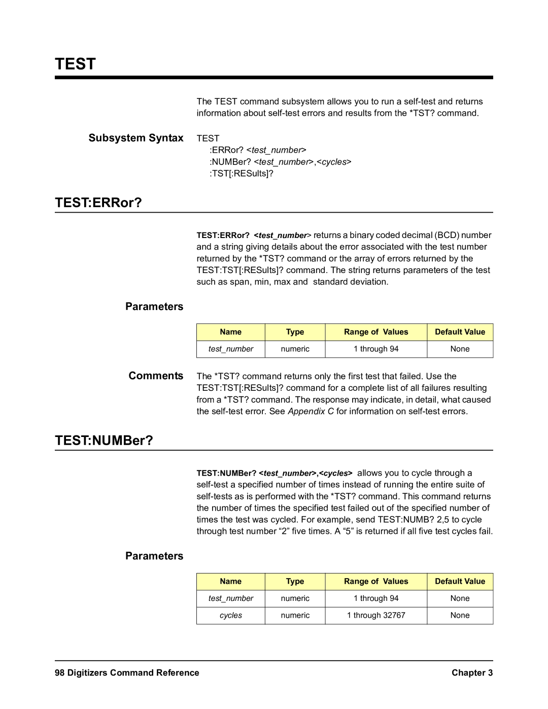 Agilent Technologies E1564A, E1563A user manual TESTERRor?, TESTNUMBer?, Subsystem Syntax Test 