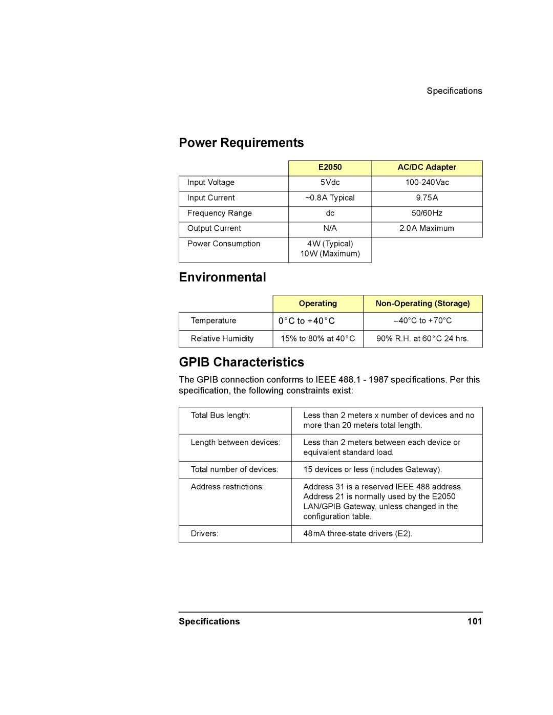 Agilent Technologies E2050-90003 manual Power Requirements, Environmental, Gpib Characteristics, Specifications 101 