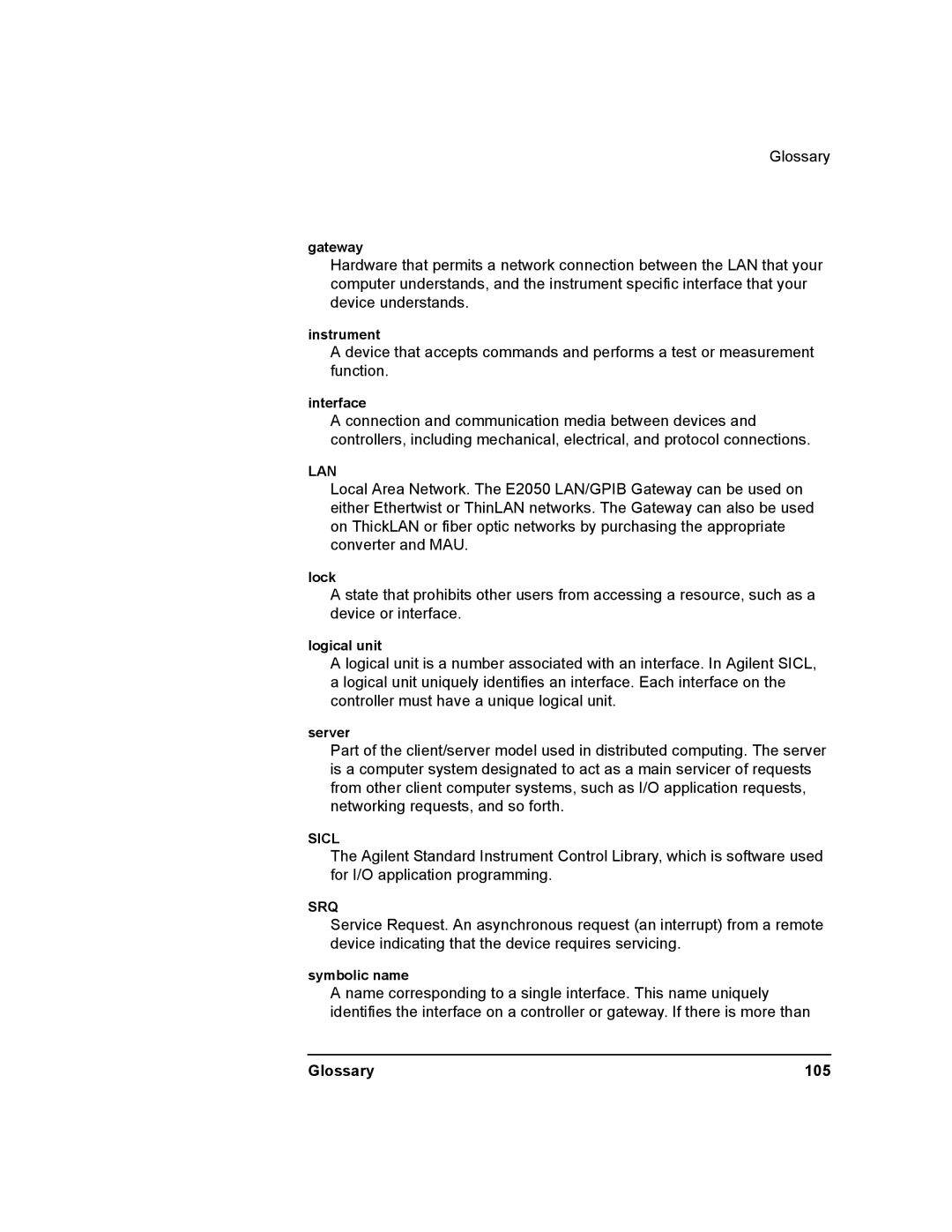 Agilent Technologies E2050-90003 manual Glossary 105 