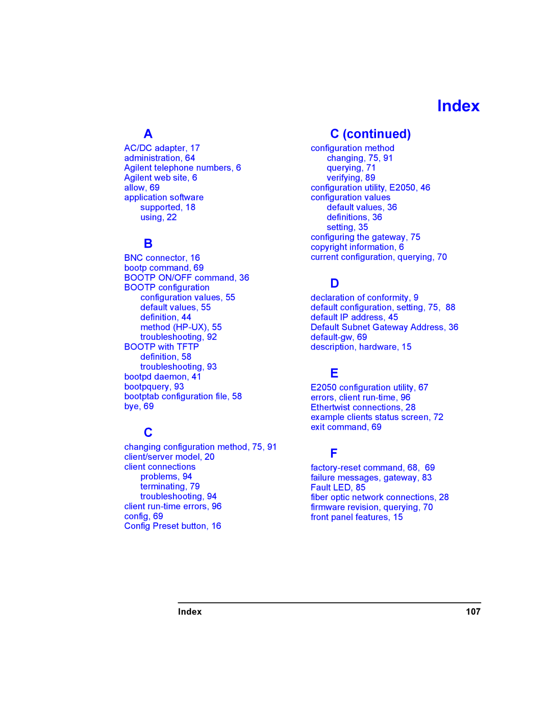 Agilent Technologies E2050-90003 manual Index 107 