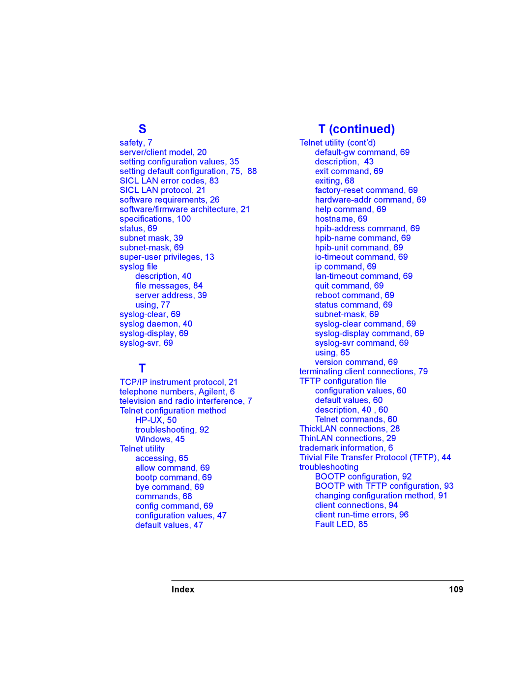 Agilent Technologies E2050-90003 manual Index 109 