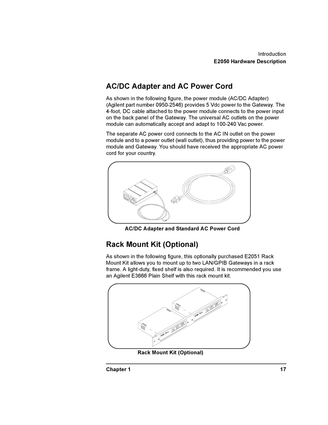 Agilent Technologies E2050-90003 manual AC/DC Adapter and AC Power Cord, Rack Mount Kit Optional Chapter 