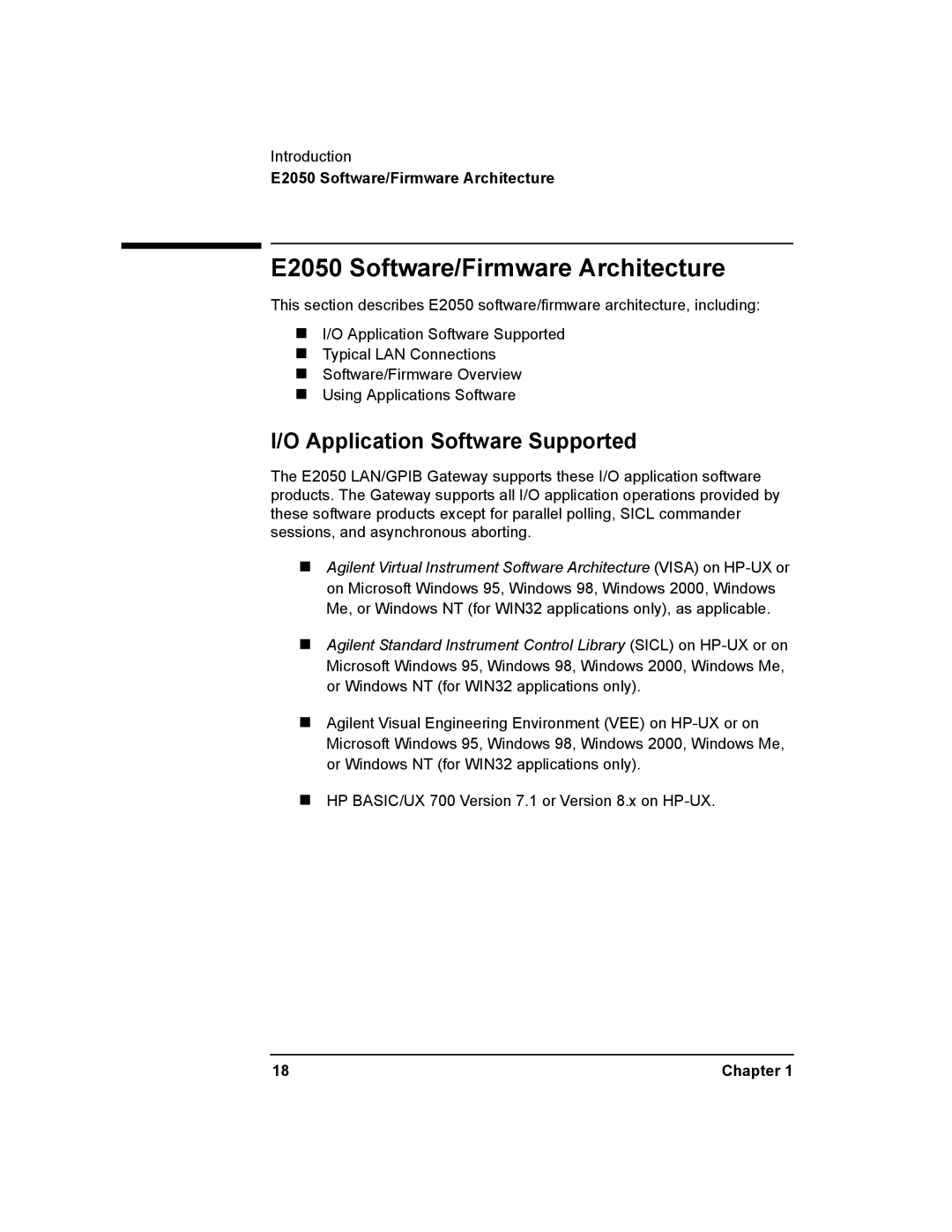 Agilent Technologies E2050-90003 manual E2050 Software/Firmware Architecture, Application Software Supported 