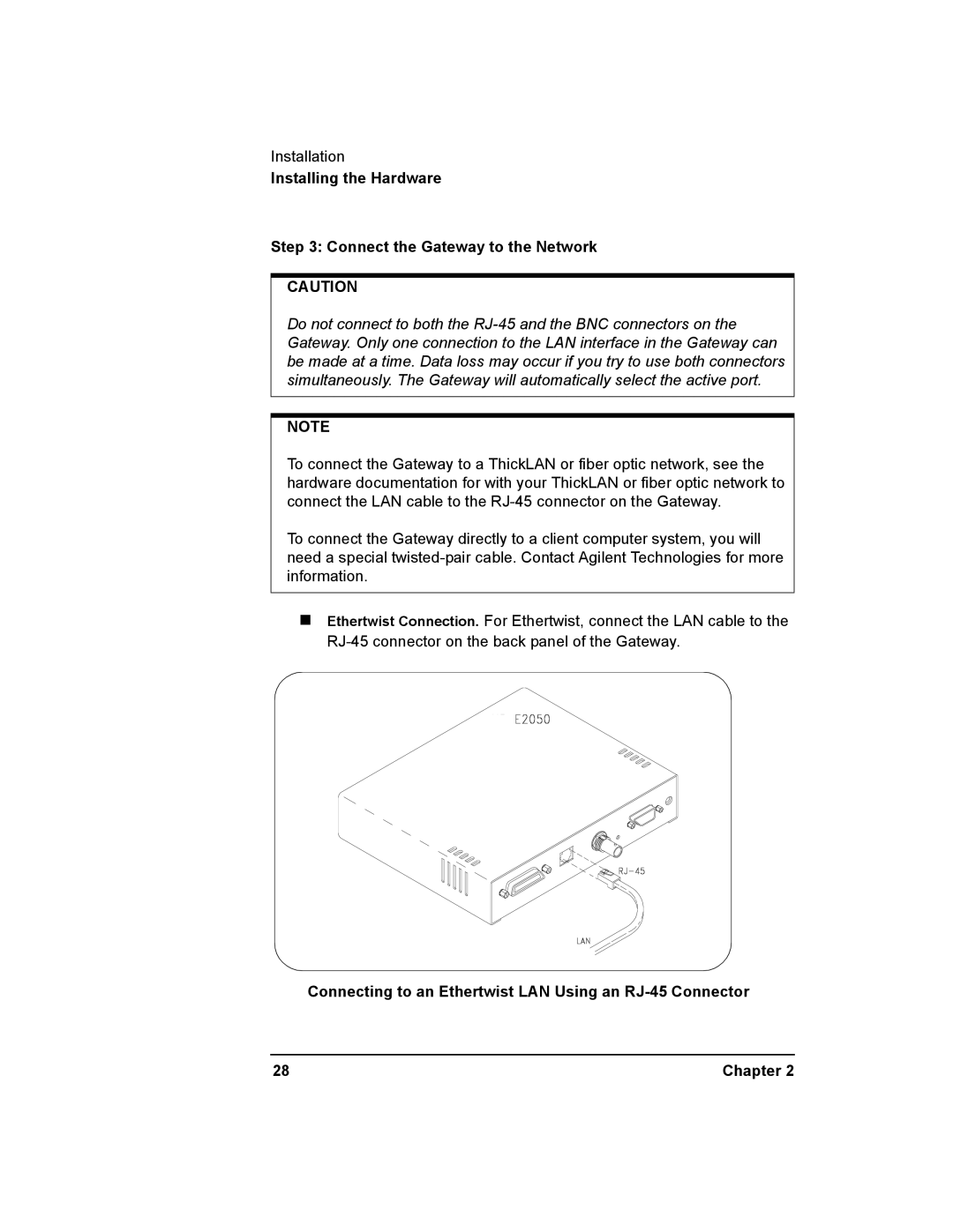 Agilent Technologies E2050-90003 manual Installing the Hardware Connect the Gateway to the Network 