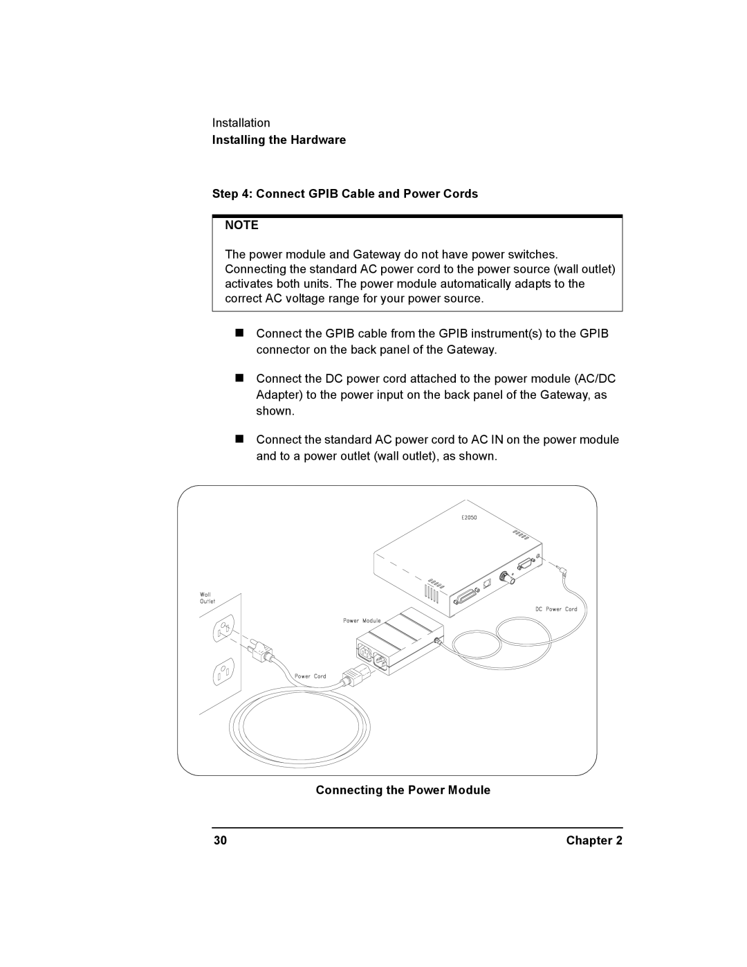 Agilent Technologies E2050-90003 manual Installing the Hardware Connect Gpib Cable and Power Cords 