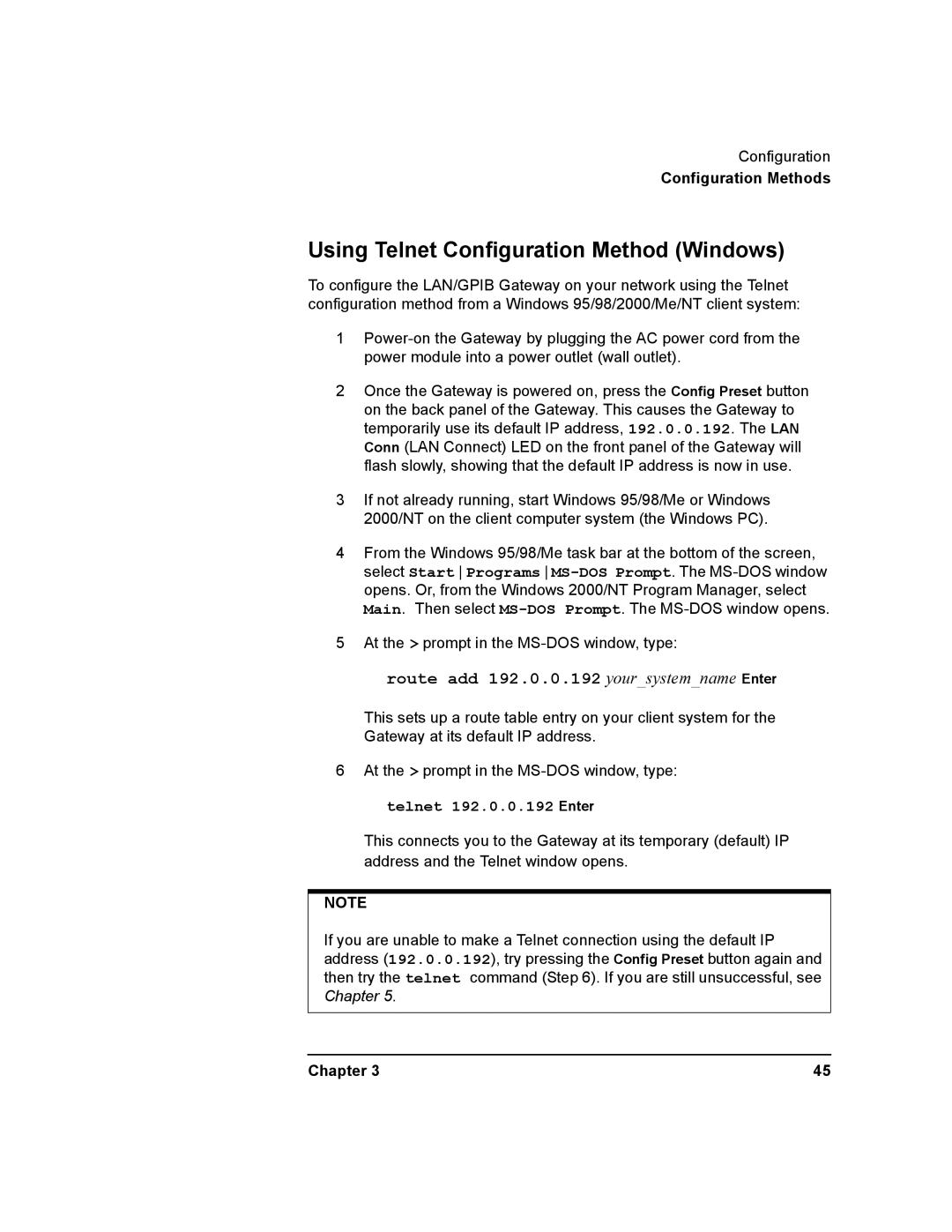 Agilent Technologies E2050-90003 Using Telnet Configuration Method Windows, Route add 192.0.0.192 yoursystemname Enter 