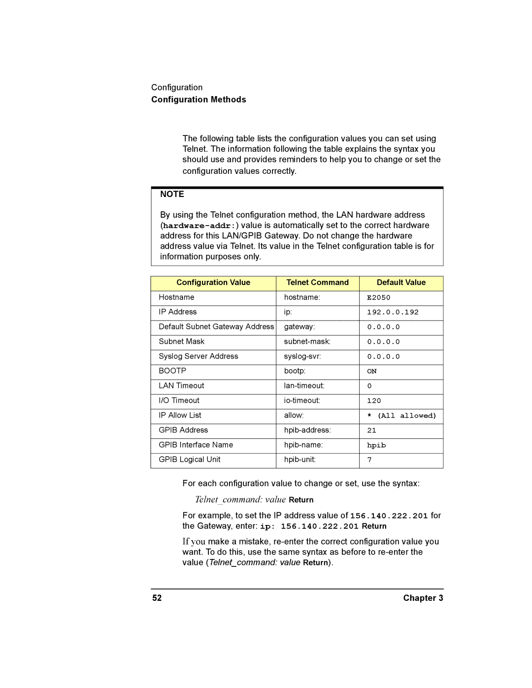 Agilent Technologies E2050-90003 manual Telnetcommand value Return 