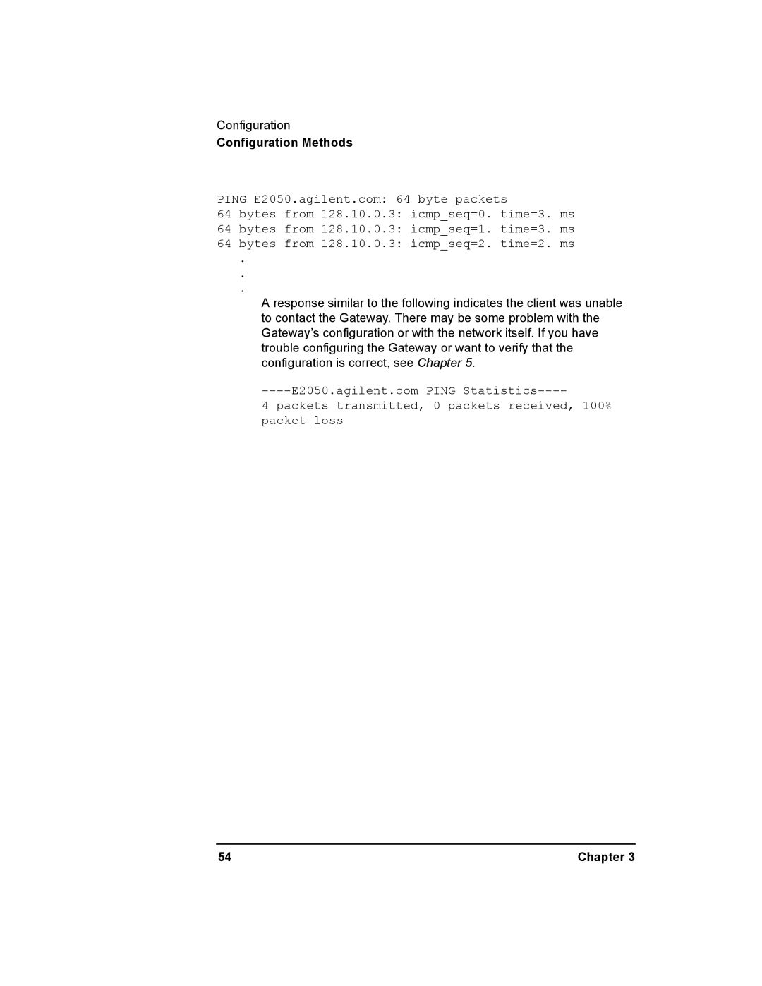 Agilent Technologies E2050-90003 manual Packets transmitted, 0 packets received, 100% packet loss 