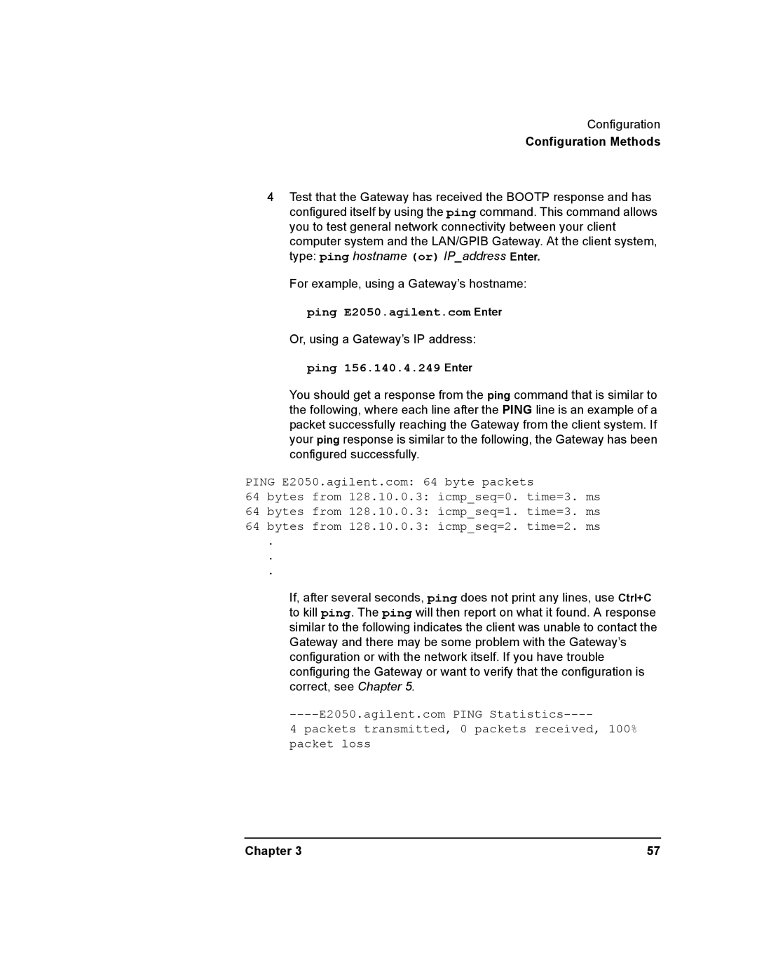 Agilent Technologies E2050-90003 manual Ping 156.140.4.249 Enter 