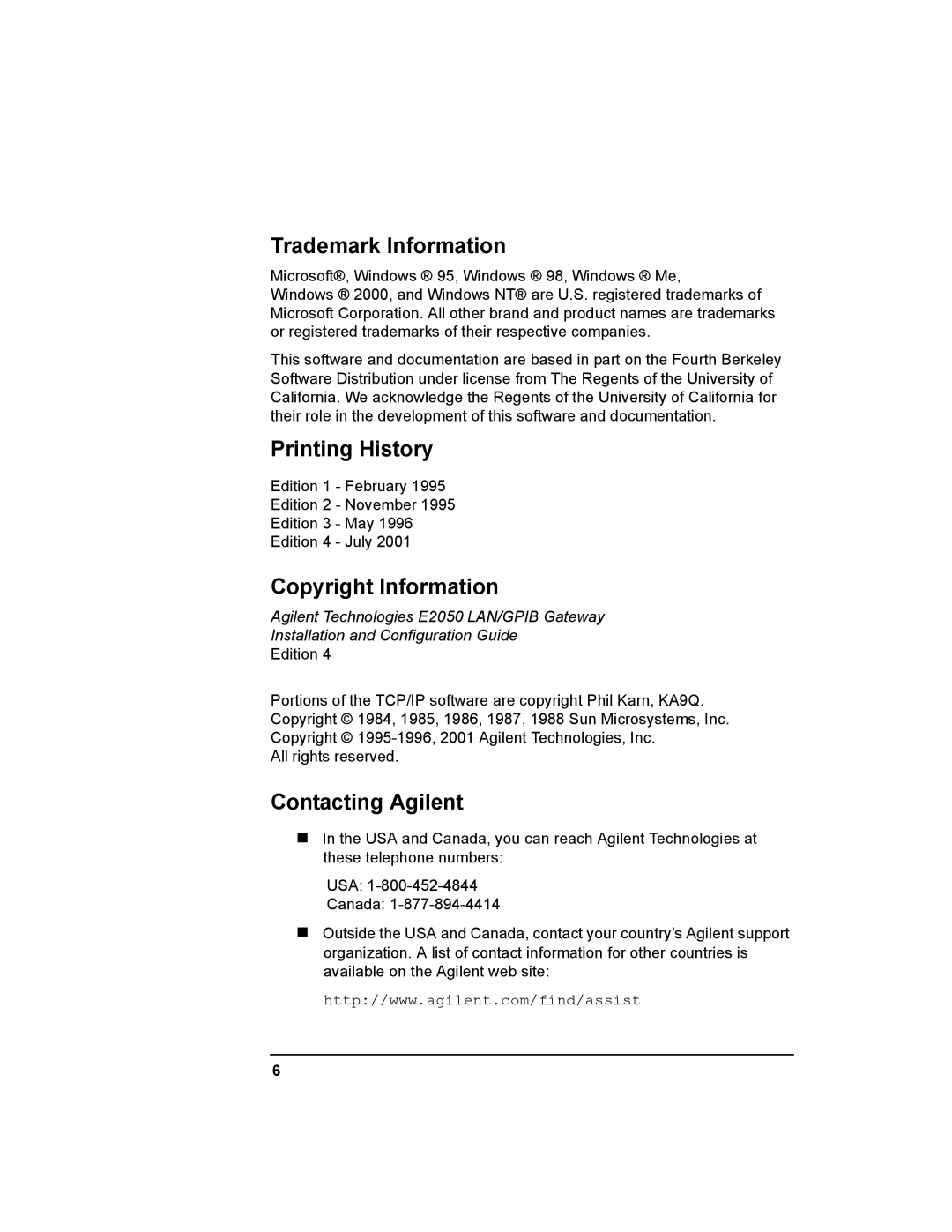 Agilent Technologies E2050-90003 manual Trademark Information, Printing History, Copyright Information, Contacting Agilent 