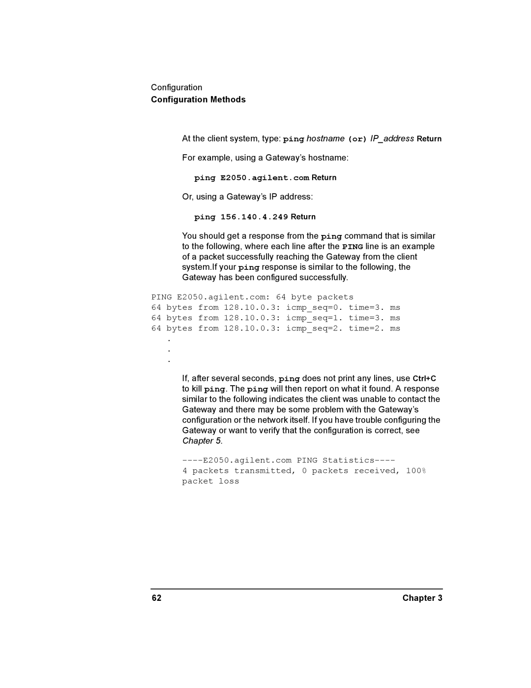 Agilent Technologies E2050-90003 manual Ping 156.140.4.249 Return 