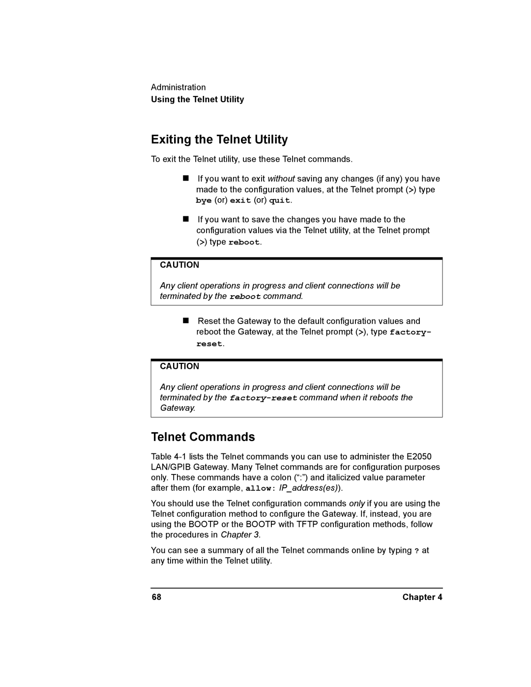 Agilent Technologies E2050-90003 manual Exiting the Telnet Utility, Telnet Commands 