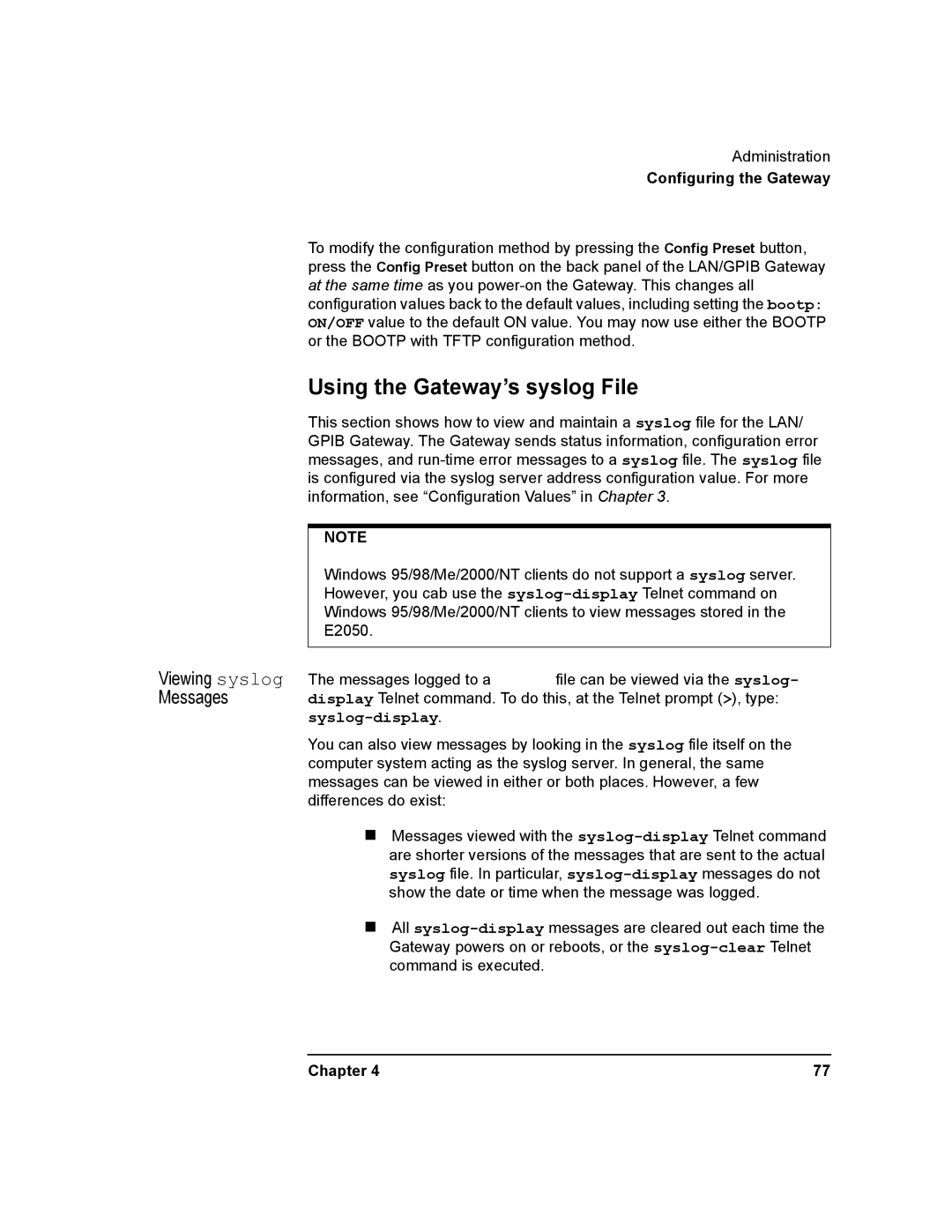 Agilent Technologies E2050-90003 manual Using the Gateway’s syslog File, Messages 