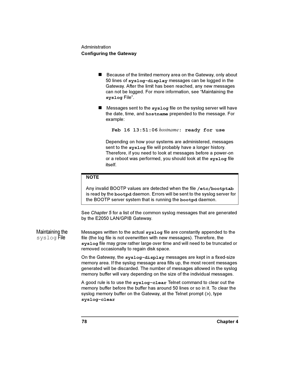 Agilent Technologies E2050-90003 manual Maintaining the syslog File 