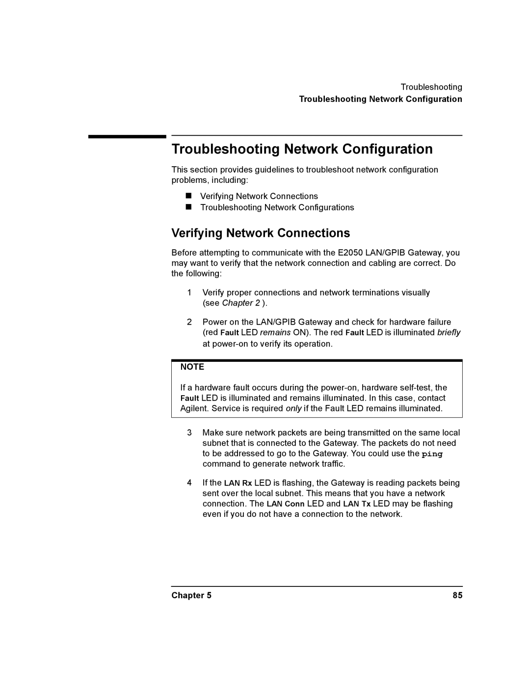 Agilent Technologies E2050-90003 manual Troubleshooting Network Configuration, Verifying Network Connections 